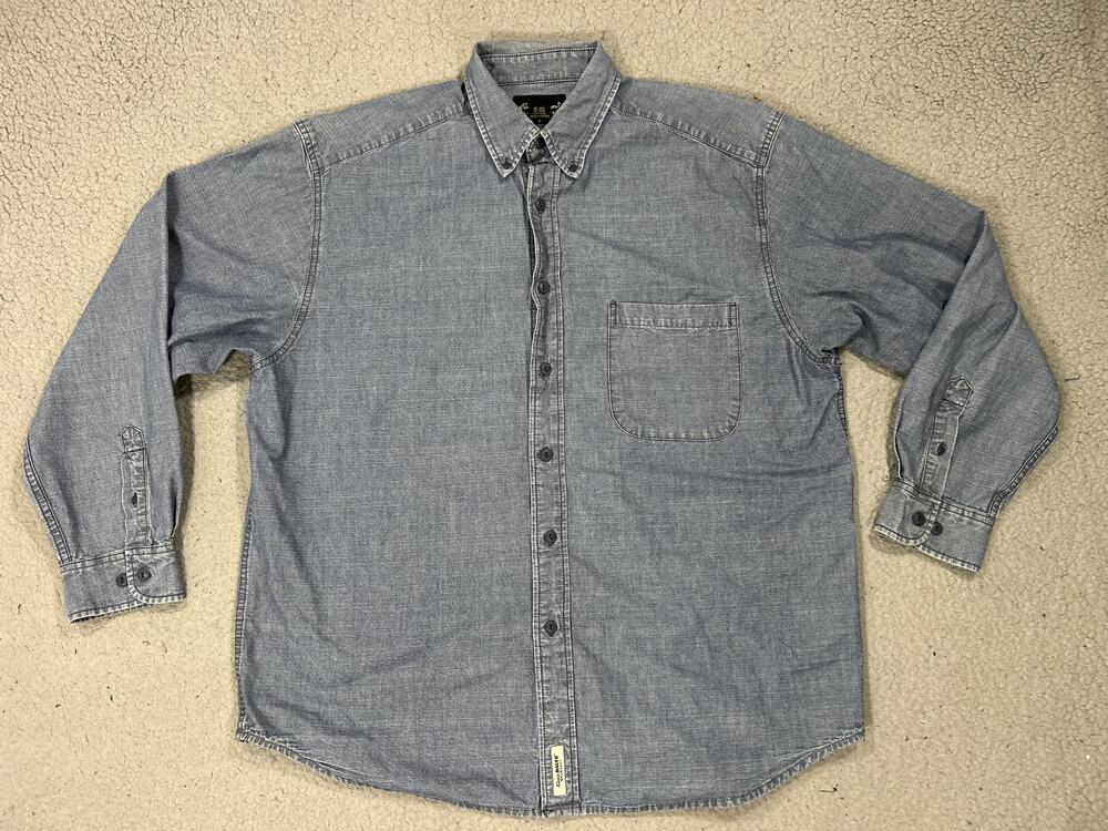 Eddie Bauer Shirt Mens Large Blue Chambray Button Down Hong Kong Workwear Casual